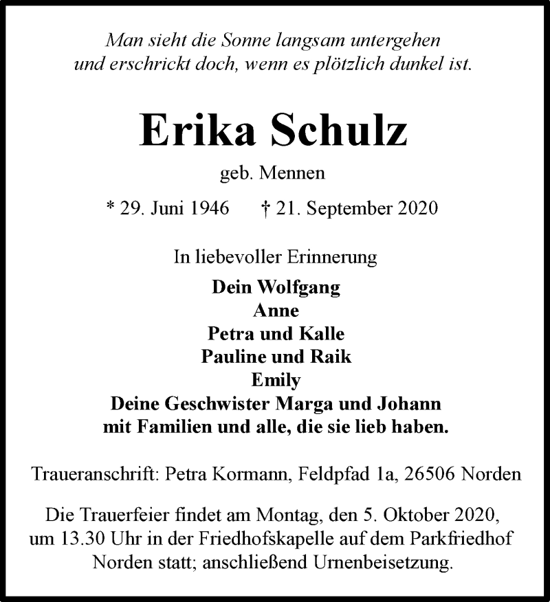  Traueranzeige für Erika Schulz vom 23.09.2020 aus 