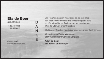 Traueranzeige von Eta de Boer 