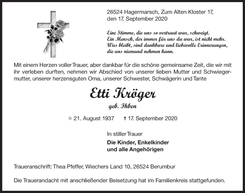  Traueranzeige für Etti Kröger vom 24.09.2020 aus 