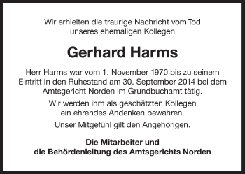 Traueranzeige von Gerhard Harms 
