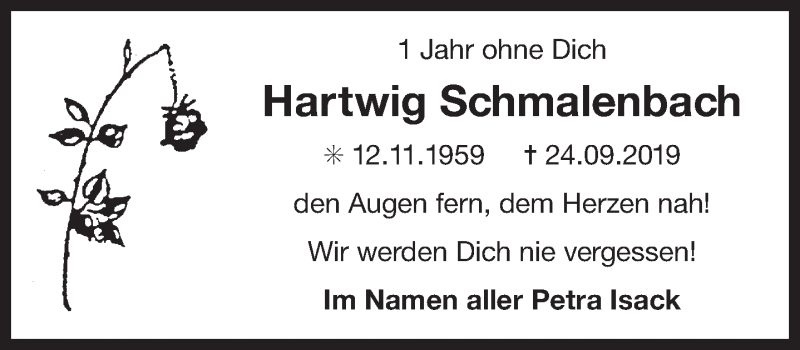  Traueranzeige für Hartwig Schmalenbach vom 24.09.2020 aus 