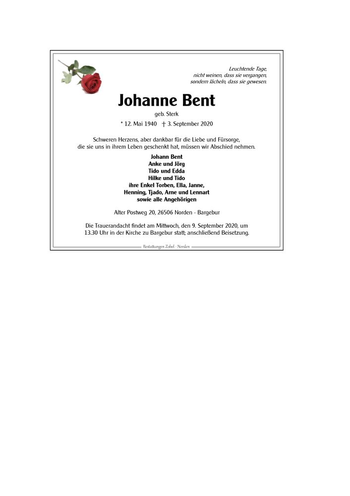  Traueranzeige für Johanne Bent vom 07.09.2020 aus 