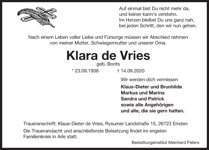  Traueranzeige für Klara de Vries vom 19.09.2020 aus 