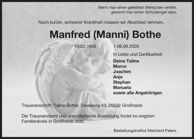 Traueranzeige für Manfred Bothe vom 10.09.2020 aus 