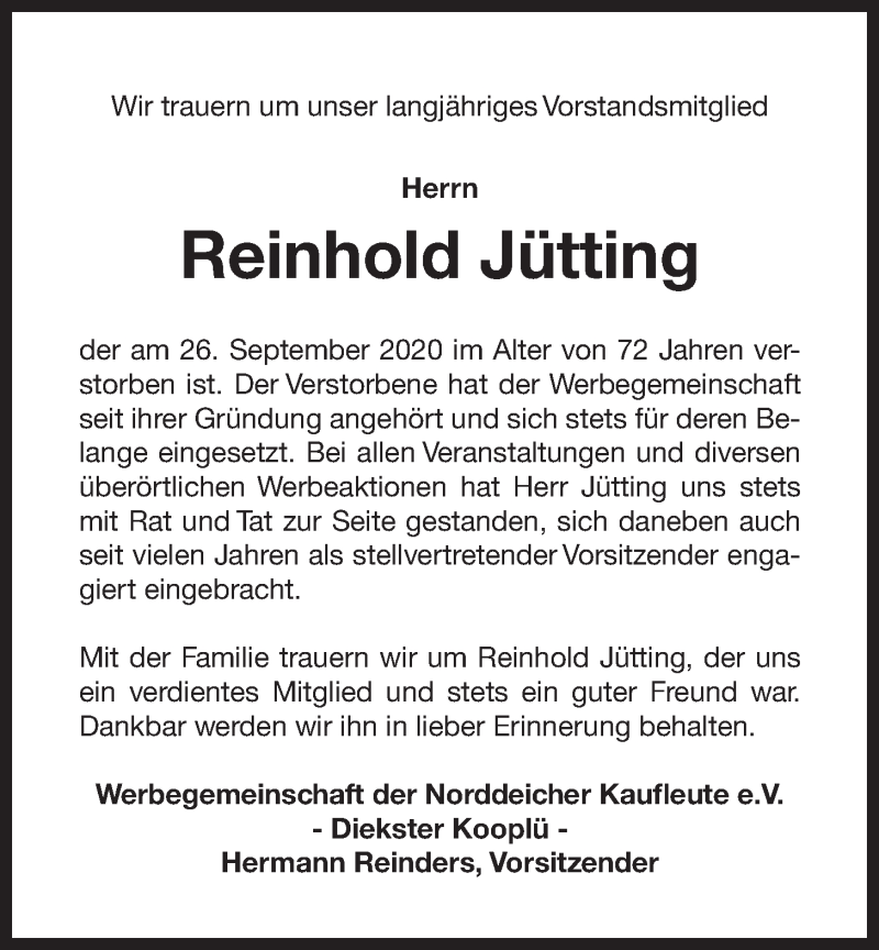  Traueranzeige für Reinhold Jütting vom 28.09.2020 aus 