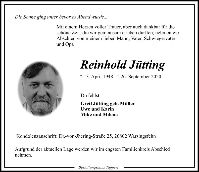  Traueranzeige für Reinhold Jütting vom 29.09.2020 aus 
