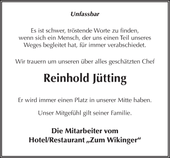 Traueranzeige von Reinhold Jütting 