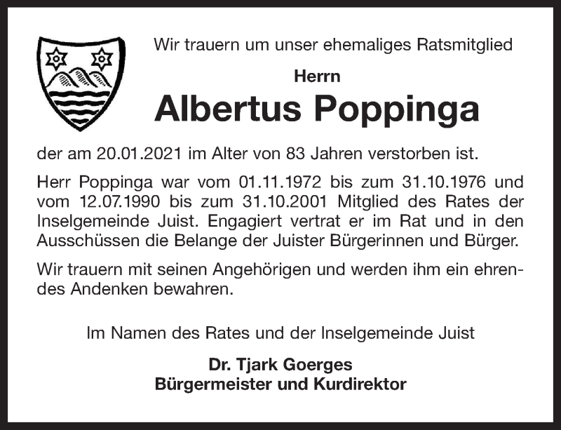  Traueranzeige für Albertus Poppinga vom 23.01.2021 aus 