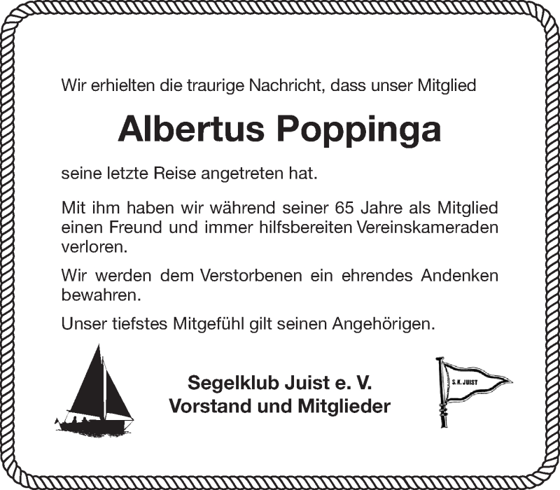  Traueranzeige für Albertus Poppinga vom 23.01.2021 aus 