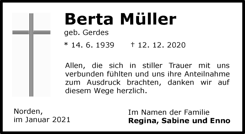  Traueranzeige für Berta Müller vom 16.01.2021 aus 