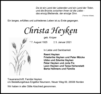 Traueranzeige von Christa Heyken 