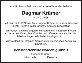Traueranzeige von Dagmar Krämer 