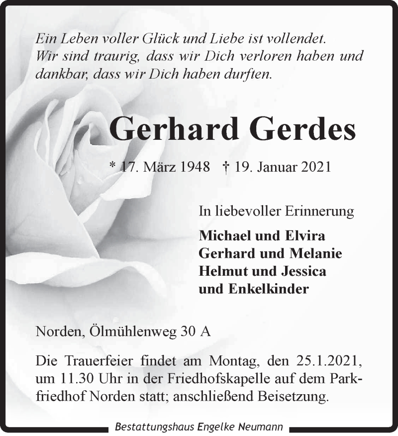  Traueranzeige für Gerhard Gerdes vom 21.01.2021 aus 