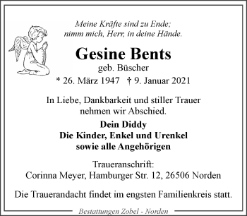 Traueranzeige von Gesine Bents 