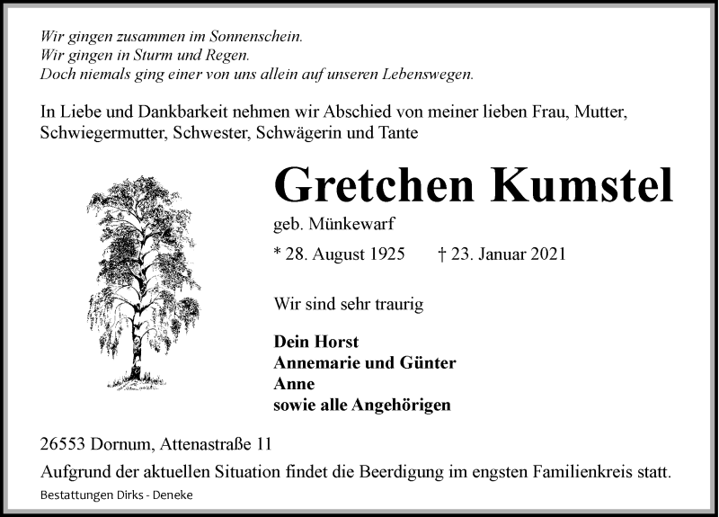  Traueranzeige für Gretchen Kumstel vom 26.01.2021 aus 