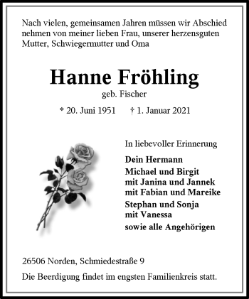 Traueranzeige von Hanne Fröhling 