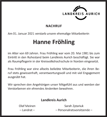 Traueranzeige von Hanne Fröhling 