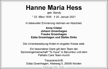Traueranzeige von Hanne Maria Hess 