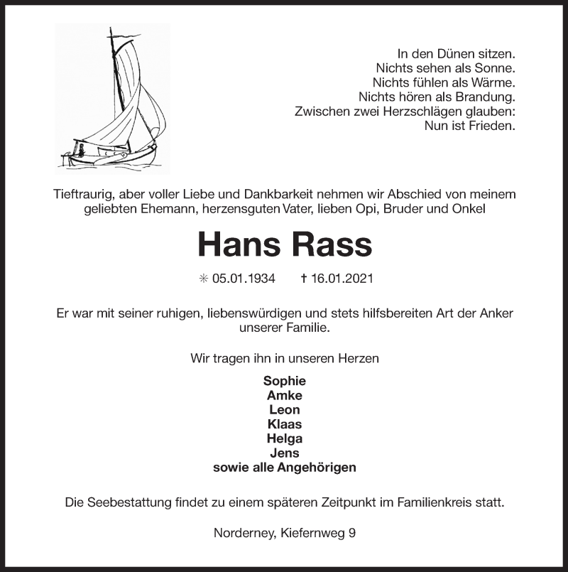  Traueranzeige für Hans Rass vom 19.01.2021 aus 
