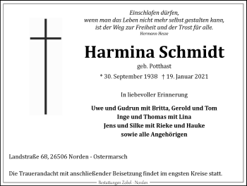 Traueranzeige von Harmina Schmidt 