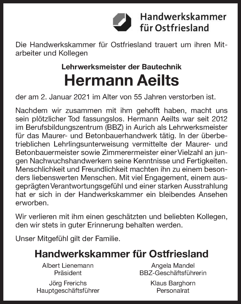  Traueranzeige für Hermann Aeilts vom 07.01.2021 aus 