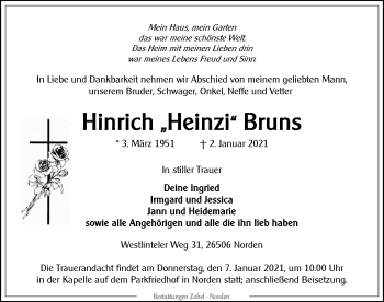 Traueranzeige von Hinrich Bruns 