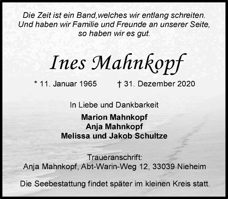  Traueranzeige für Ines Mahnkopf vom 09.01.2021 aus 