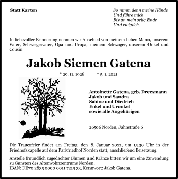 Traueranzeige von Jakob Sierren Gatena 