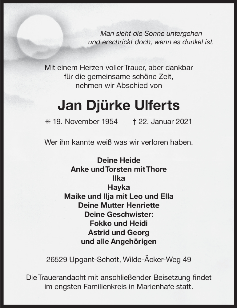  Traueranzeige für Jan Djürke Ulferts vom 25.01.2021 aus 