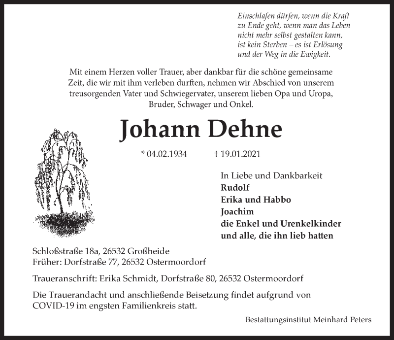  Traueranzeige für Johann Dehne vom 21.01.2021 aus 