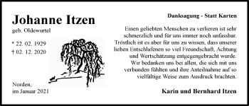 Traueranzeige von Johanne Itzen 