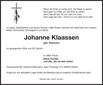 Traueranzeige von Johanne Klaassen 