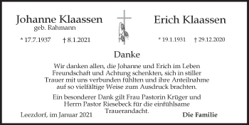 Traueranzeige von Johanne und Erich Klaassen 