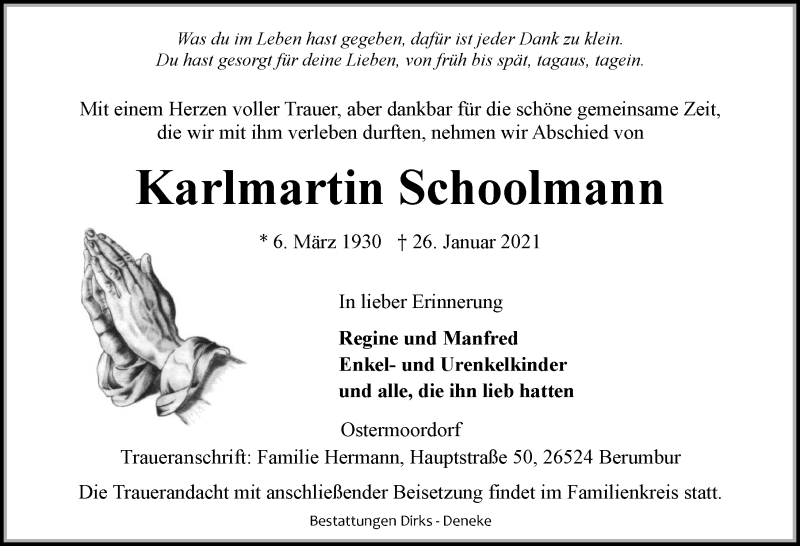  Traueranzeige für Karlmartin Schoolmann vom 30.01.2021 aus 
