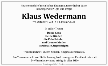 Traueranzeige von Klaus Wedermann 