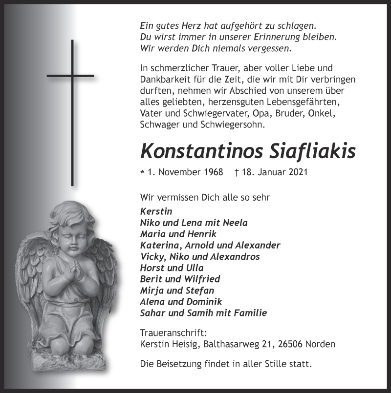  Traueranzeige für Konstantinos Siafliakis vom 20.01.2021 aus 