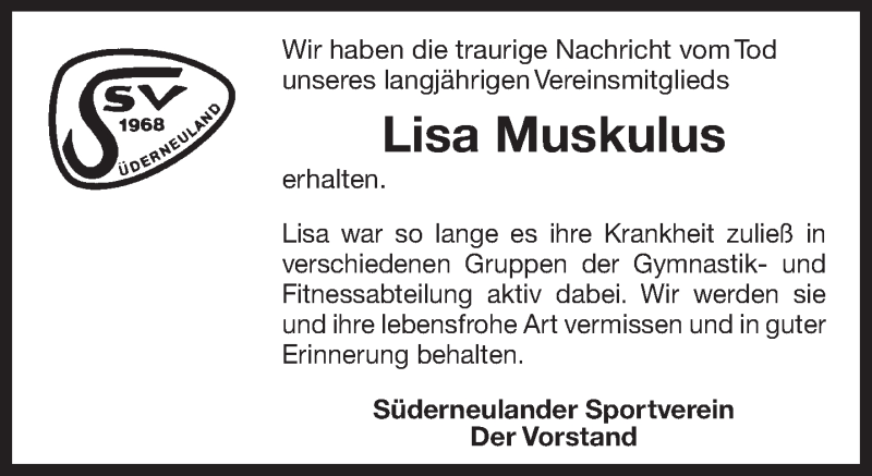  Traueranzeige für Lisa Muskulus vom 19.01.0202 aus 