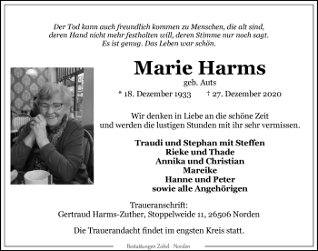 Traueranzeige von Marie Harms 