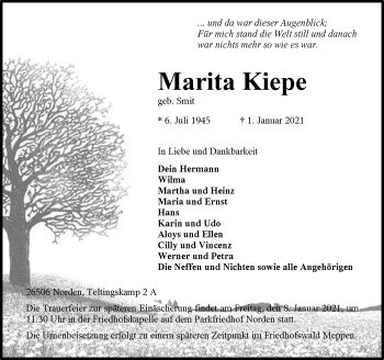 Traueranzeige von Marita Kiepe 