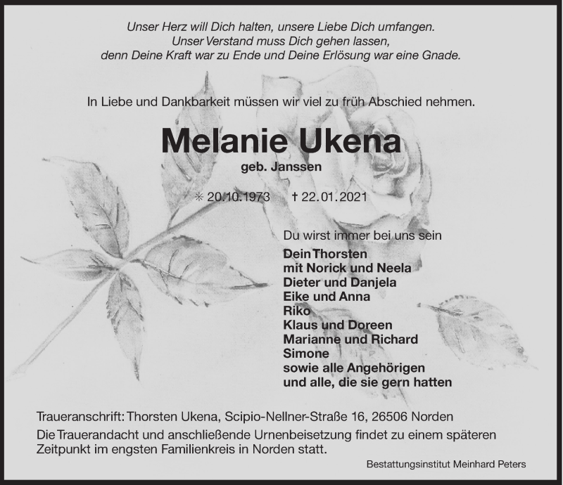  Traueranzeige für Melanie Ukena vom 30.01.2021 aus 