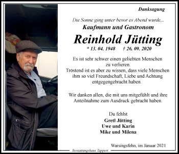 Traueranzeige von Reinhold Jütting 