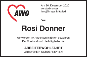 Traueranzeige von Rosi Donner 