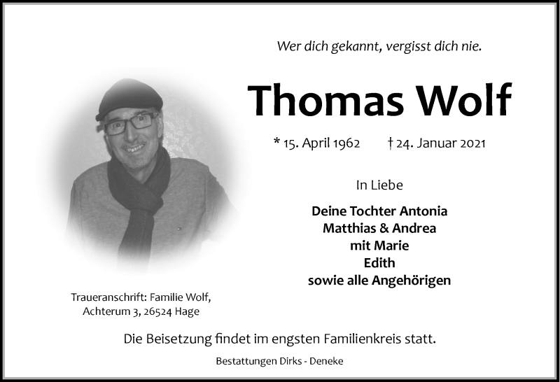  Traueranzeige für Thomas Wolf vom 27.01.2021 aus 