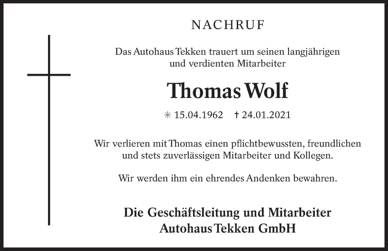  Traueranzeige für Thomas Wolf vom 28.01.2021 aus 