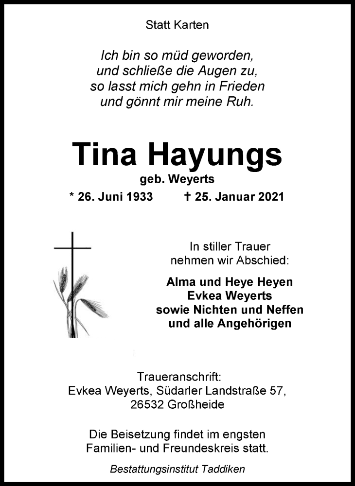 Traueranzeige für Tina Hayungs vom 26.01.2021 aus 