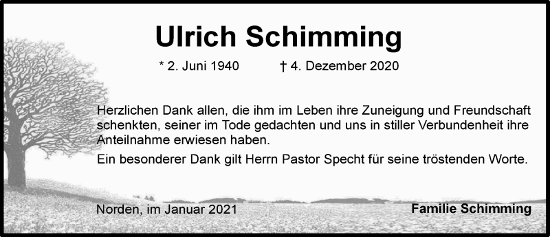  Traueranzeige für Ulrich Schimming vom 02.01.2021 aus 
