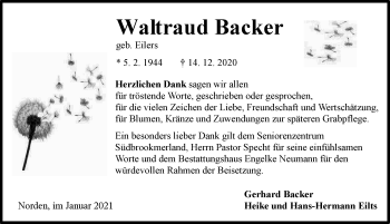 Traueranzeige von Waltraud Backer 