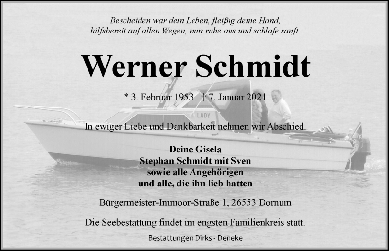  Traueranzeige für Werner Schmidt vom 16.01.2021 aus 