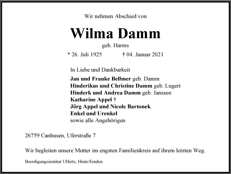  Traueranzeige für Wilma Damm vom 06.01.2021 aus 