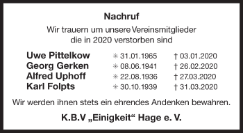 Traueranzeige von Wir trauern um  unsere Vereinsmitglieder 